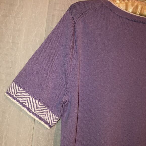 Ann Taylor L Lavender White Knit Short Sleeve Pullover Top Embroidered Sleeves - Picture 10 of 13